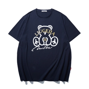 Men's oversized navy blue cotton T-shirt with stylish white bear and yellow letter print