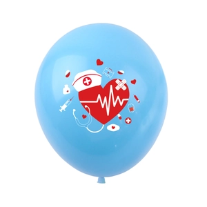 Blue nurse party latex balloon with medical icons like stethoscope and heart patterns