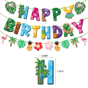 Hawaiian theme Happy Birthday banner with pink flamingos, pineapples and palm trees