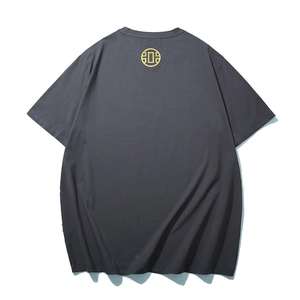 Dark grey t-shirt with gold graphic on the back, cotton blend and loose street style