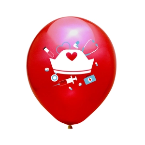 Red latex nurse party balloon with white medical icons like stethoscopes and syringes