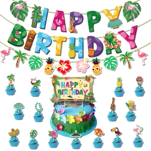 Hawaiian Luau Tropical Birthday Party Banner Cake Topper White Cardboard Flamingo Palm Leaf Pineapple Tiki Party Decoration