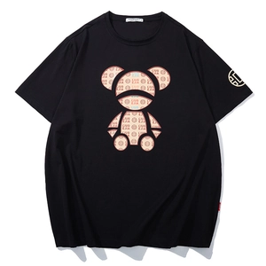 T-shirt noir oversize en coton avec motif d'ours et imprimé monogramme de lettres