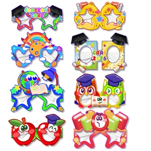 Set of 8 colorful paper graduation glasses for kids party with owl and globe designs