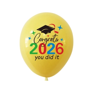 Ballon de remise des diplômes jaune 2026 avec texte Congrats you did it et motif chapeau