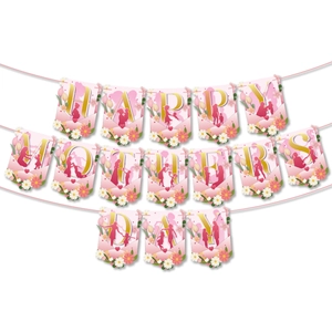 Banderole fête des mères rose avec lettres dorées et motifs floraux élégants