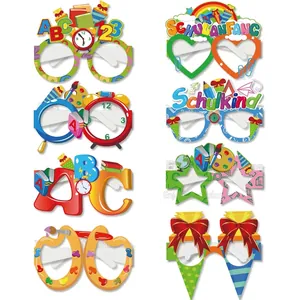 Set of 8 colorful German back to school paper glasses featuring Schulkind and ABC designs