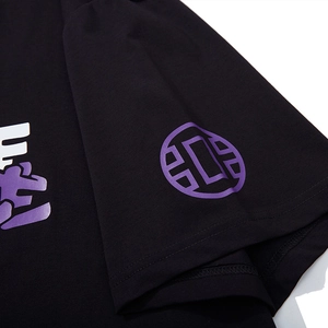 Fashionable oversized black cotton T-shirt featuring purple graphic print and letter design