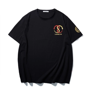 Black cotton t-shirt with double snake logo and gold emblem on the sleeve