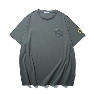 Fashionable dark grey oversized cotton T-shirt with New York print and sleeve logo