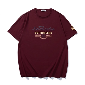 Burgundy short-sleeved cotton T-shirt featuring vintage lettering and a crew neck