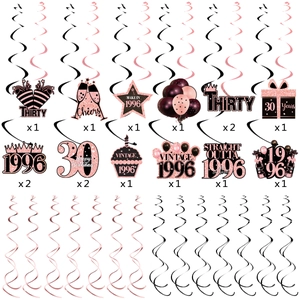 Rose gold 30th birthday party swirl decorations set with 1996 and happy birthday cards
