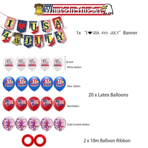 Detail view of USA Independence Day party kit with 4th July banners and latex balloons