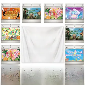 Various birthday party backdrop designs including dinosaur and basketball themes