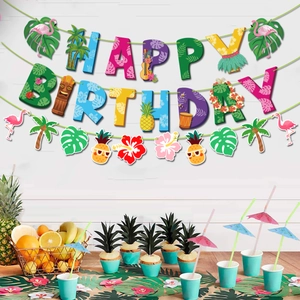 Tropical Hawaiian Happy Birthday banner with flamingos and pineapple party decorations