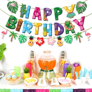 Tropical Hawaiian Happy Birthday banner with flamingo and palm leaf party decorations
