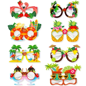 Set of 8 tropical summer party paper glasses featuring flamingos and beach motifs