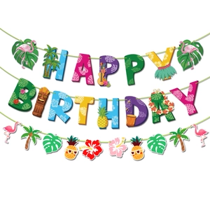 Hawaiian Luau Happy Birthday banner with flamingo palm trees and tropical party elements