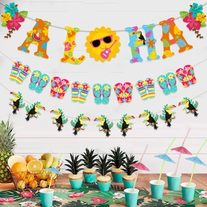 Hawaiian party banner set with Aloha letters, flip flops and tropical toucan designs