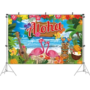 Hawaiian party background banner with pink flamingos and Aloha typography on beach