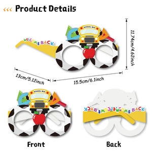 Back to school party paper glasses with school bus and apple designs for photo props