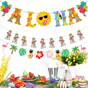 Detail of Hawaii Aloha banner set with flamingo and pineapple party decorations