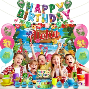 Hawaiian Aloha party set with Happy Birthday banner and flamingo beach background