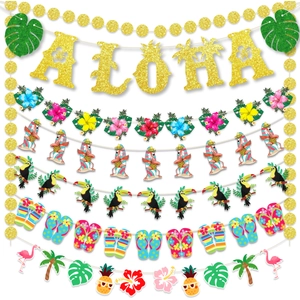 Detail of Hawaii party banner set with glitter ALOHA letters and tropical elements