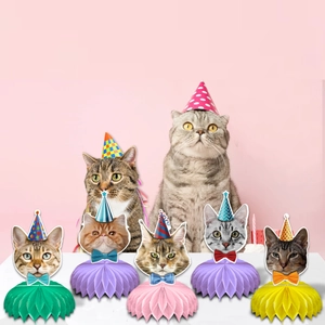 Cat theme honeycomb centerpieces for pet birthday party table decoration with cute hats