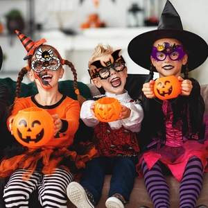 Kids Halloween novelty paper glasses featuring spider webs, bats and witch hat shapes