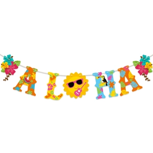 Close-up of tropical ALOHA banner featuring vibrant hibiscus flowers and summer motifs