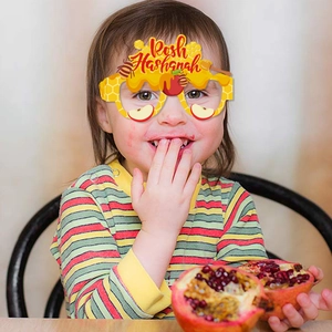 Rosh Hashanah party glasses for kids featuring honey, bee, apple and pomegranate elements
