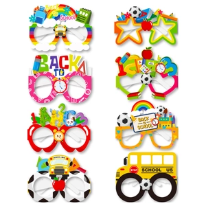 8-pack Back to School party paper glasses with rainbow, school bus, and stationery motifs