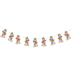 Hawaiian party garland featuring dabbing flamingos and surfboards on a white string