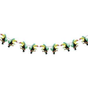 Detailed view of tropical toucan paper banner with colorful beaks and green leaves