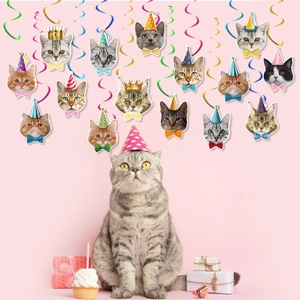 Cat theme party decorations with colorful hanging swirls and various cat face cutouts