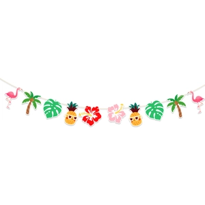 Detailed close-up of tropical flamingo, pineapple, and palm leaf party banner decorations