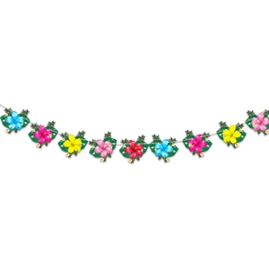 Tropical hibiscus flowers and palm leaves banner for Hawaiian beach party decor