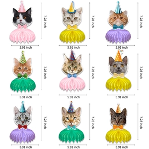 Set of 9 cat theme honeycomb table centerpieces for party decorations in 3x3 layout