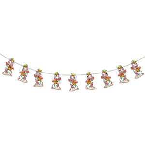 Detail of flamingo surfing pendants for Hawaiian party banner with colorful surfboards