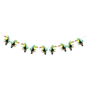 Detail of tropical toucan bunting garland for Hawaii summer beach party decorations