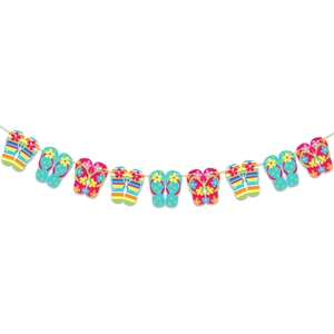 Detail of colorful flip-flop paper banner featuring tropical floral and polka dot patterns