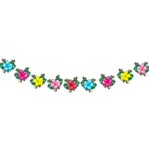 Detail of colorful hibiscus flowers and green palm leaves garland for Hawaii party decor