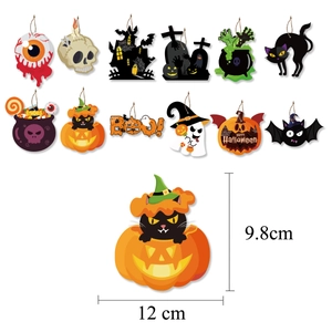 Detailed view of 12 Halloween hanging ornaments including pumpkin and skull designs