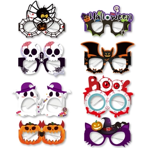 Set of 8 colorful Halloween paper party glasses featuring pumpkin, ghost and bat designs