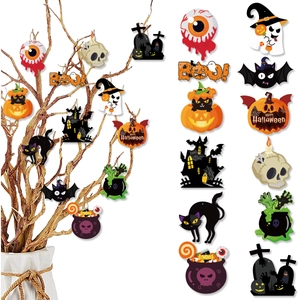 Close-up of Halloween hanging ornaments featuring pumpkin, skull, and ghost designs