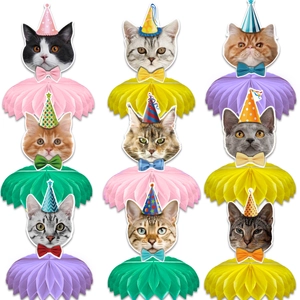 Cat Theme Honeycomb Centerpiece Table Decorations For Birthday Party Supplies White Cardboard Kitty Paper Ornaments