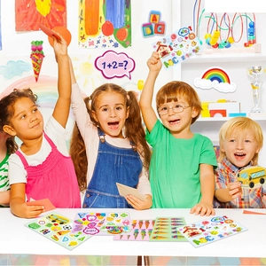 Detail showing school children using colorful Back to School stickers with Schultüte motifs