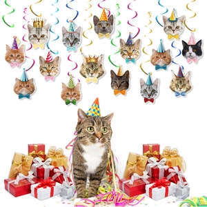 Cat theme party hanging decorations with colorful swirls and cute feline head cutouts