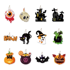 12-piece Halloween hanging ornament set with pumpkin, skull, and ghost designs